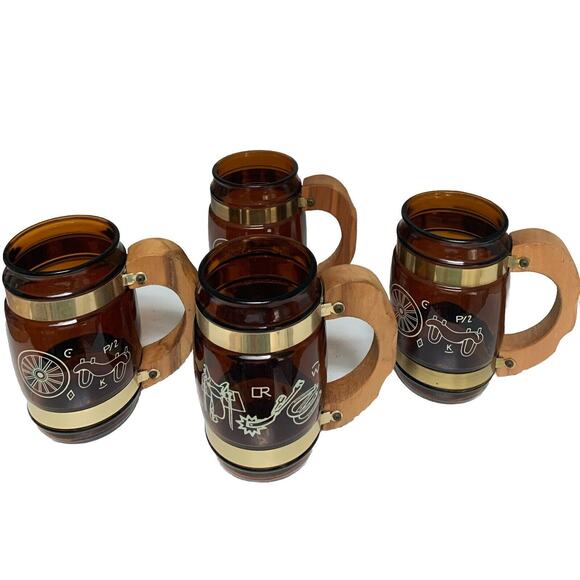 Vintage Set of 4 Siesta Ware Amber Glass Mugs Wood Handle Cowboy Barrel 12oz - Picture 2 of 5